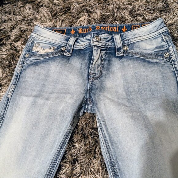SOLD Rock Revival Raven Light Wash Distressed Bootcut Jeans Size 28 NEW Low Rise - Picture 4 of 16